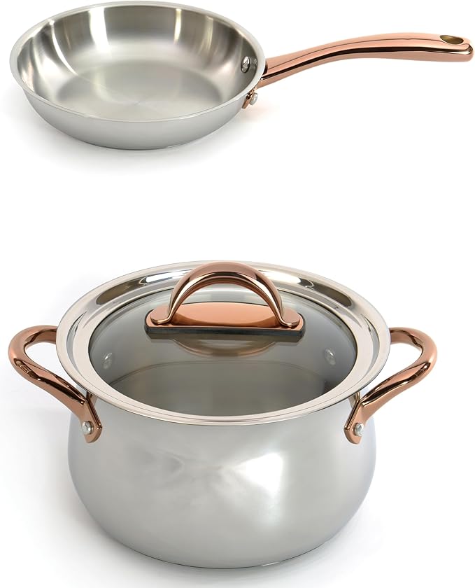 BergHOFF Ouro Gold 18/10 Stainless Steel 3Pc Cookware Set With Glass Lids for Starters Induction Pots and Pans PFOA-free, Rose Gold Handle