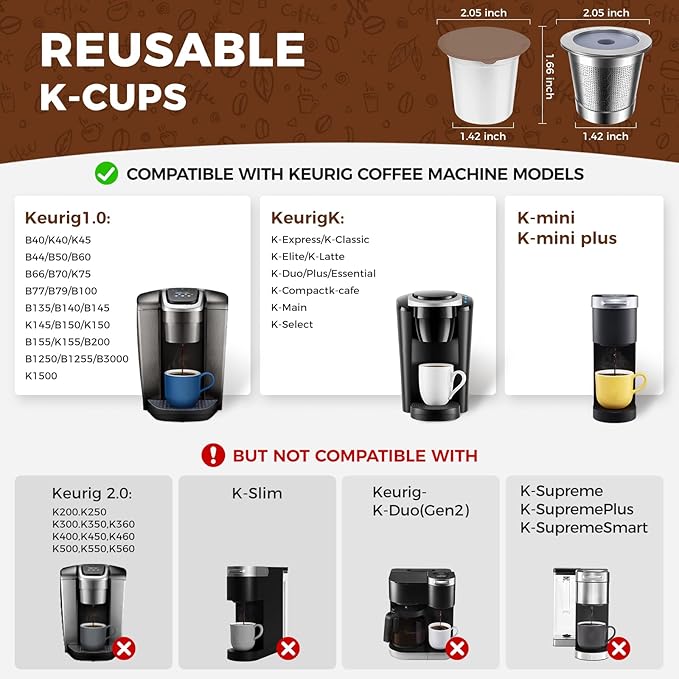 Reusable K Cups for Keurig 1.0，Stainless Steel K Cup Reusable Coffee Pods Compatible with Keurig 1.0，Metal Keurig Reusable Coffee Pods with Upgrade Double-layer fine mesh Design