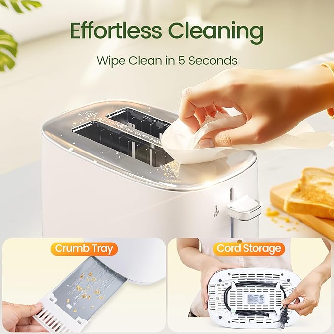 Toaster 2 Slice, Wide Slot for Toasting Bagel Muffin Waffle Gluten Free Breads, 7 Shade Settings, Defrost & Reheat, Stainless Steel, Easy Clean, White