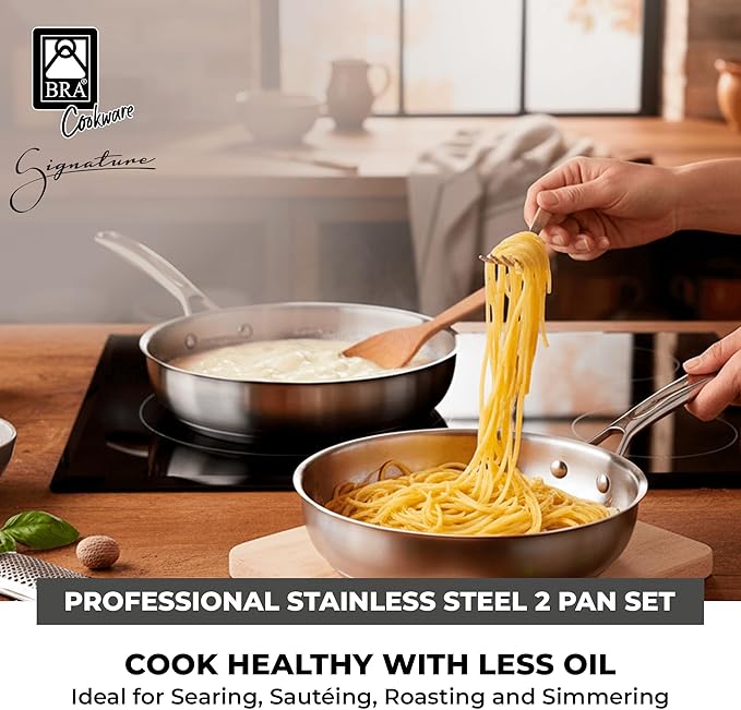 BRA COOKWARE Signature 2 Frying Pan Set | 8 + 10.2 inches Professional Skillet | Stainless Steel Frypan | All Stovetop Compatible Skillet | PFOA Free | w/o Non-Stick Coating | Polished Finish