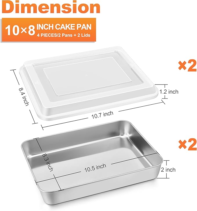 Herogo Baking Pan with Lid, 8 x 10 Inch Nonstick Rectangle Stainless Steel Cake Pan Sheet, Deep Cakes Bakeware with Lid for Brownies Casseroles, Non Toxic & Dishwasher Safe, Set of 2