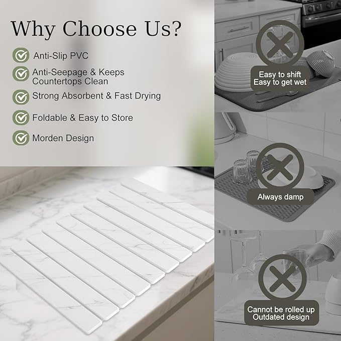 Hopegiver Stone Drying Mat for Kitchen Counter, 23.62"x15.35" Marble-Pattern Quick Dry Dish Mat, Elegant Absorbent Diatomaceous Earth Mat for Dishes Countertop Sink Bathroom, Includes Sanding Block