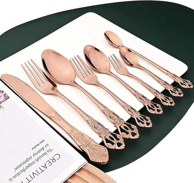 Royal 24-piece Rose Gold Mirror Silverware Dinnerware, 18/10 Stainless Steel Luxury Flatware Service For 6 Tableware Ideal For Wedding Home Restaurant, Dishwasher Safe