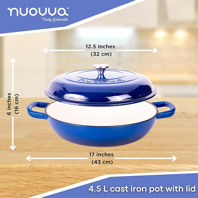 Shallow Cast Iron Casserole with Lid – Non Stick Dutch Oven Pot, Oven Safe up to 500° F – Sturdy Ovenproof Stockpot Cookware – Enamelled Cooking Pot – Dark Blue, 5-Quart, 32cm – by Nuovva