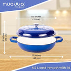 Shallow Cast Iron Casserole with Lid – Non Stick Dutch Oven Pot, Oven Safe up to 500° F – Sturdy Ovenproof Stockpot Cookware – Enamelled Cooking Pot – Dark Blue, 5-Quart, 32cm – by Nuovva