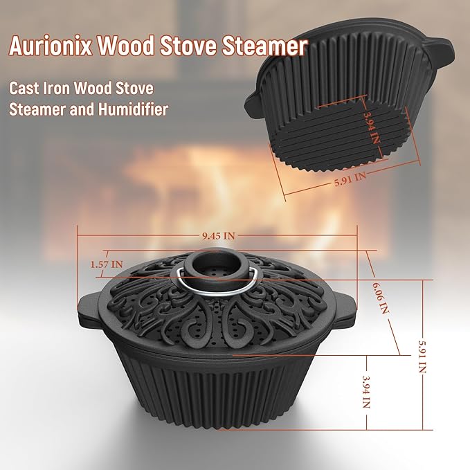 Wood Stove Steamer, Cast Iron Humidifier for Wood Stove, Cast Iron Steamer Pot, Trivet, Lattice Top, Pre-Seasoned, Fireplace Humidifier Cookware Set, All Seasons Cookware Set.
