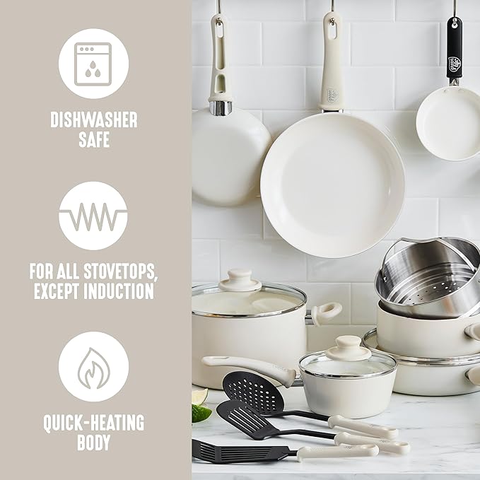 GreenLife Soft Grip 16 Piece Cookware Set, Non-Toxic PFAS-Free Ceramic Nonstick, Frying, Sauce, Saute, Utensils, Glass Lids, Stay-Cool Handles, Wobble Free, Dishwasher & Oven Safe, Cream