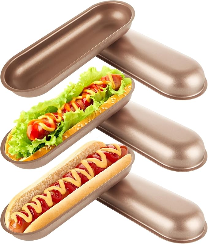 CYEAH 6 Pcs Mini Loaf Pan Baking Pan, 7-Inch Carbon Steel Hot Dog Loaf Pan Set, Non-Stick Hotdog-Shaped Bread and Cake Bakeware for Kitchen Baking, Hot Dog Bun Pan Serving Tray - Gold