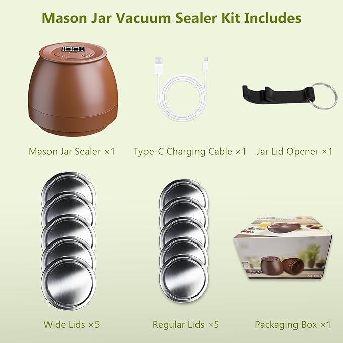 Zivif Electric Mason Jar Vacuum Sealer for Wide Mouth & Regular Mouth Mason Jar, Vacuum Sealer Kit for Food Storage and Fermentation, Includes 10 Jar Lids