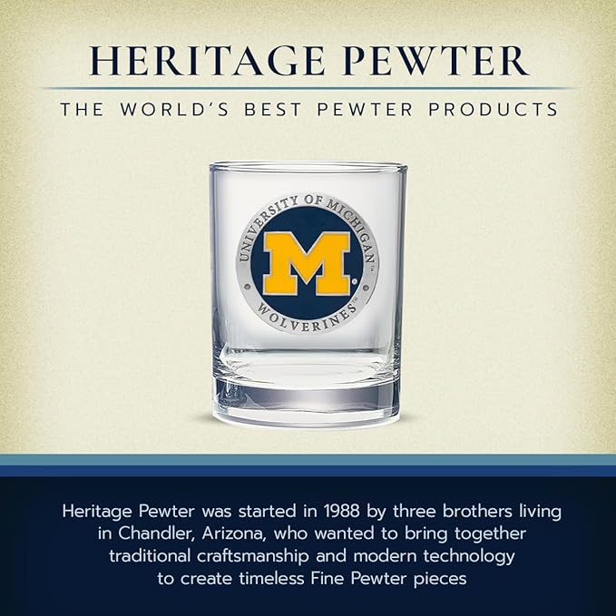 Heritage Pewter Michigan Double Old Fashion | Double Rocks Glass 14 OZ for Liquor | Expertly Crafted Pewter Glass