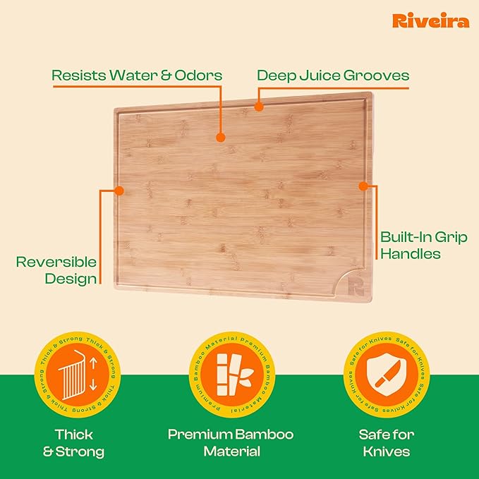 Riveira Brown Bamboo Wood Cutting Board – Gourmet Bamboo Grandeur: 20 x 30 Wooden Cutting Board – Wooden Cutting Boards For Kitchen Decorative – Innovative Juice Grooves Wooden Chopping Board