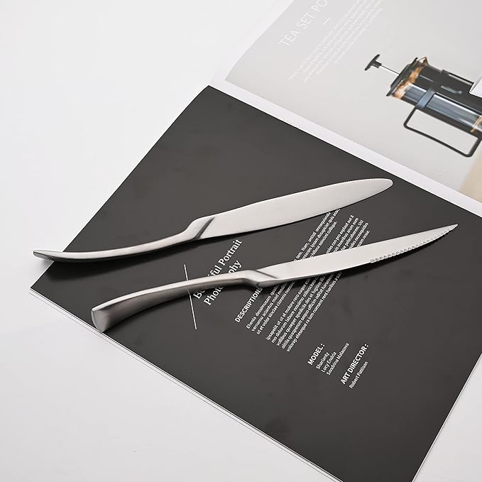 Luxury 304 Stainless Steel Matte Silver Cutlery Flatware Set - Utensil Set Steak Spoons and Forks Knife Silverware Set,Service for 4 (24-Piece)