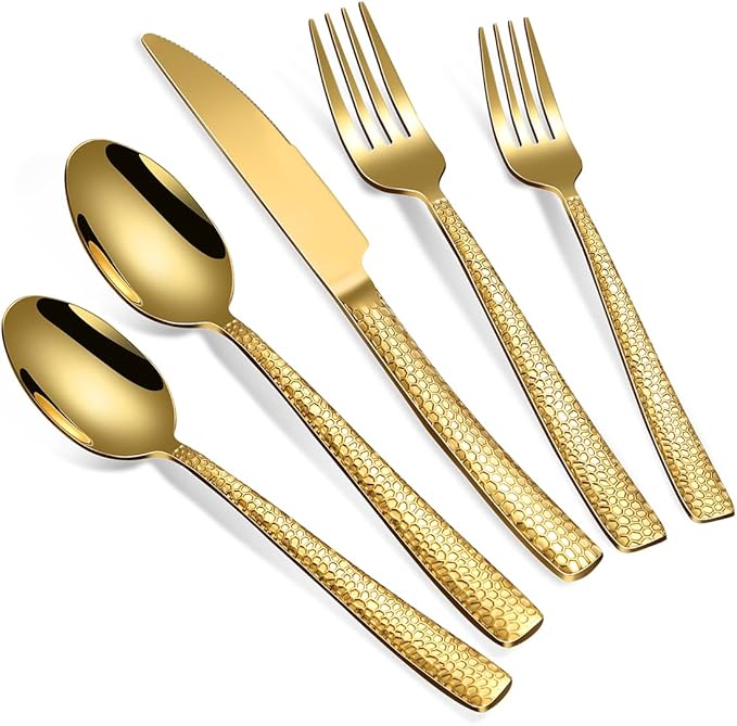 40-Piece Silverware Set, Gold Hammered Stainless Steel Flatware Sets for 8, Food-Grade Tableware Set, Including Fork Knife Spoon Set, Durable Home Kitchen Cutlery Sets, Dishwasher Safe, RX357