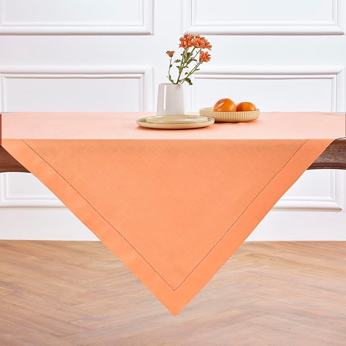 Solino Home Coral Linen Tablecloth 52 x 52 Inch - 100% Pure Linen Square Table Throw - Classic Hemstitch, Machine Washable Table Cloth for Summer