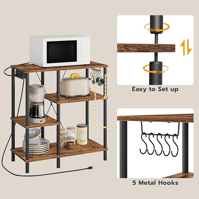 HOOBRO Bakers Rack with Power Outlet, Microwave Stand with 5 S-Shaped Hooks, Coffee Bar, Kitchen Storage Shelf, for Kitchen, Living Room, Rustic Brown and Black BF07UHB01