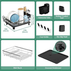 MOUKABAL Dish Drying Rack - Stainless Steel Dish Rack, Dish Racks for Kitchen Counter, Drying Rack Kitchen with Removable Utensil Holder, Drainboard and Glass Organizer (Black)