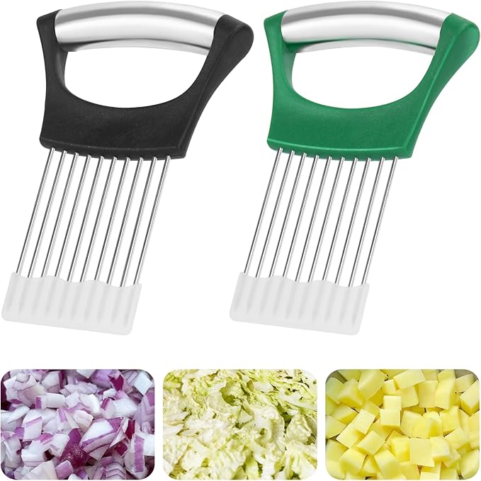 2PCs Stainless Steel Onion Slicer Holder, Onion Cutter Holder for Slicing of Onions,Tomatoes,Avocados,Eggs and Other Vegetables,KItchen Utensils (Green & Black)