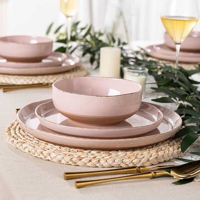 AmorArc Ceramic Dinnerware Sets for 4, 12 Pieces Handpainted Plates and Bowls Set with Rustic Terracotta Underside, Scratch Resistant Stoneware Dishes Set, Dishwasher & Microwave Safe