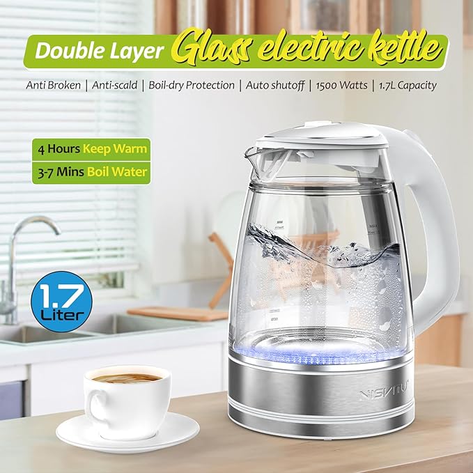 Glass & Stainless Steel Cordless Electric kettle for boiling water, Hot water boiler Electric Tea Kettle automatic shut off Boil-Dry Protection, PC Outer + Glass Inner, 1500W, 1.7L, WH
