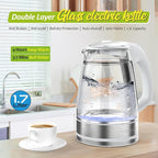 Glass & Stainless Steel Cordless Electric kettle for boiling water, Hot water boiler Electric Tea Kettle automatic shut off Boil-Dry Protection, PC Outer + Glass Inner, 1500W, 1.7L, WH