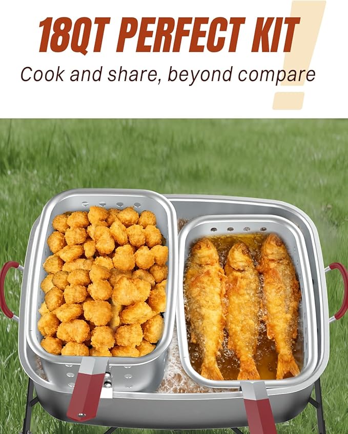 Deep Fryer Pot 18QT | Fish Fryer Pot with 2*9QT Baskets | Heat-Resistant Silicone Handles | Lid & Fryer Tong & Thermometer | Outdoor Fryer Pot for Frying Fish, French Fries, Chicken Wings | Aluminum