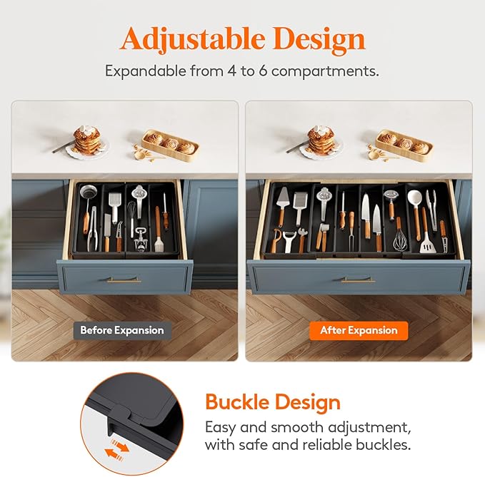 Lifewit Utensil Kitchen Drawer Organizer, Expandable from 18 to 30 inches, Plastic Cooking Cutlery Silverware Tray, Adjustable Spatula Holder, Flatware Tools Gadgets Storage Divider, XXL,Black