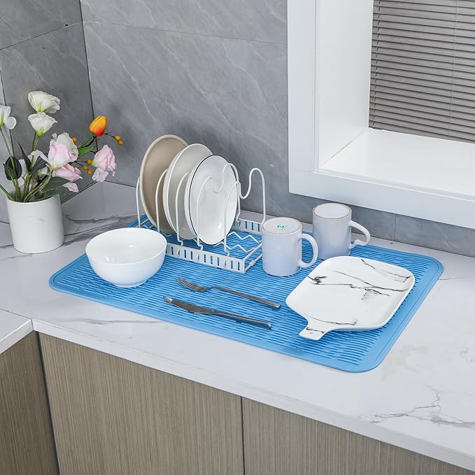 Silicone Dish Drying Mat for Multiple Usage,Easy clean,Eco-friendly,Heat-resistant Silicone Mat for Kitchen Counter or Sink,Refrigerator or Drawer Liner Light Blue 4XL 32 inches x 18 inches