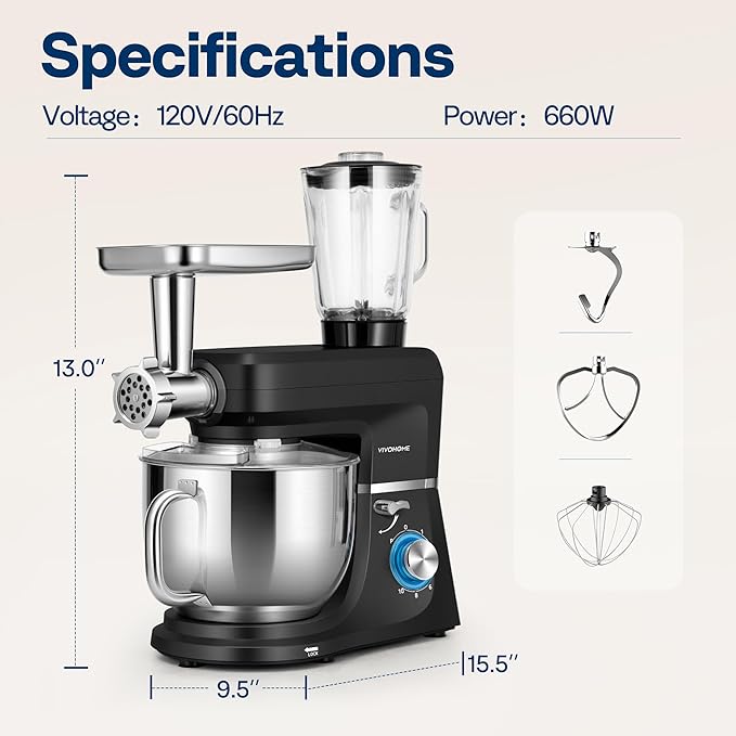 VIVOHOME 6 in 1 Multifunctional Stand Mixer with 8.5 Quart Stainless Steel Bowl, 660W 10 Speed Tilt-Head Meat Grinder, Juice Blender, Vegetable Slicer, Pasta and Cookie Maker, Black