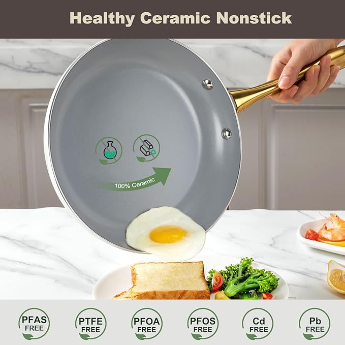 ceramic cookware set,Healthy,Non Toxic,Pots and Pans Set non stick,14-Pcs Kitchen induction cooking Sets, nonstick Pot and Pan Set with silicione Utensils,PFOS/PFOA Free,Cream and Gold