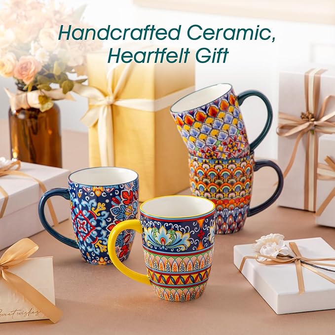 vancasso 16 oz Coffee Mugs Set of 6, Large Ceramic Mug with Handle, Boho Coffee Cups for Latte, Cappuccino & Hot Chocolate, Dishwasher & Microwave Safe Gift Set, Series SIMI