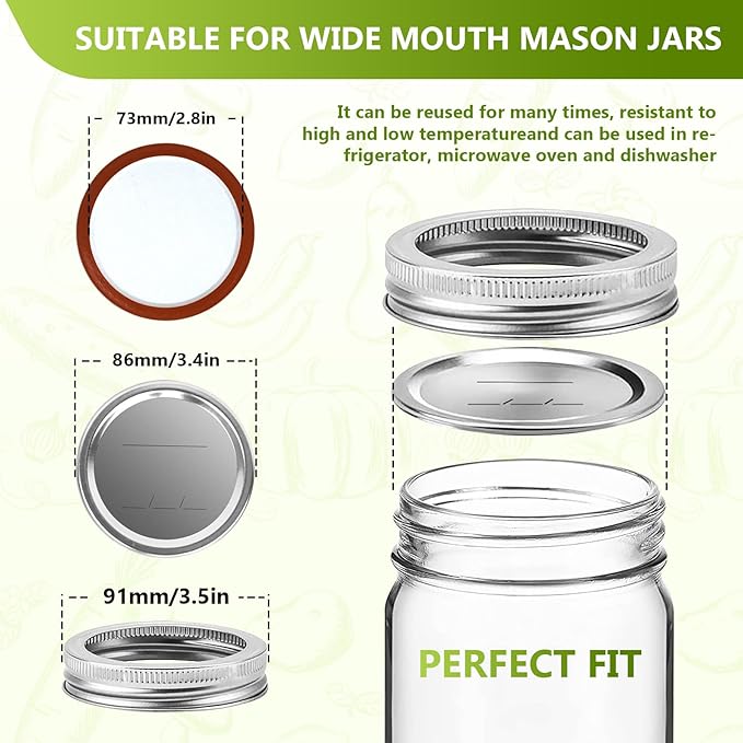 52Pcs Wide Mouth Canning Lids, Rings for Ball & Kerr Mason Jar Lids with Bands - Food Grade with Silicone Airtight Seal Split-Type Metal Large Ball Lids