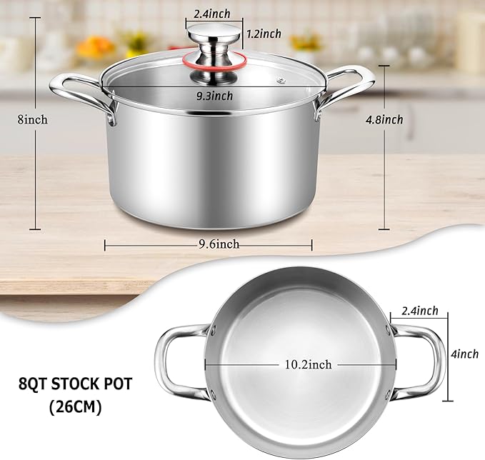 TeamFar 8 Quart Stock Pot, Stainless Steel Tri-ply Stockpot Pasta Cooking Pot with Glass Lid, for Induction Electric Gas Ceramic Stoves, Toxic Free & Heavy Duty, Double Handles & Dishwasher Safe