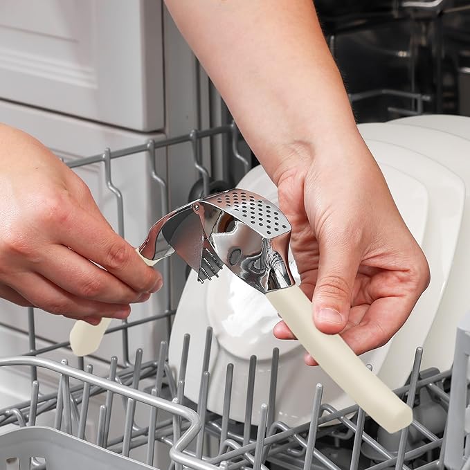 Zulay Kitchen Comfort Grip Garlic Press - Garlic Mincer Tool - Garlic Crusher - Garlic Press Mincer Rust Proof, with Soft Ergonomic Handle, Easy Clean Set with Peeler and Brush - White