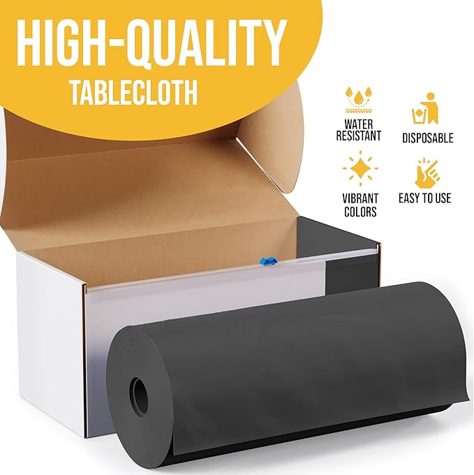 Exquisite Party Solids 54 Inch X 100 Feet Black Plastic Table Cover Roll in A Cut - to - Size Box with Convenient Slide Cutter. Cuts Up to 12 Rectangle 8 Feet Plastic Disposable Tablecloths