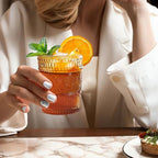 12pcs Vintage Drinking Glasses Set, 12 oz Highball Glasses & 9 oz Embossed Ribbed Glassware Cups for Thanksgiving Cocktail, Juice, Coffee, Whiskey (Amber)