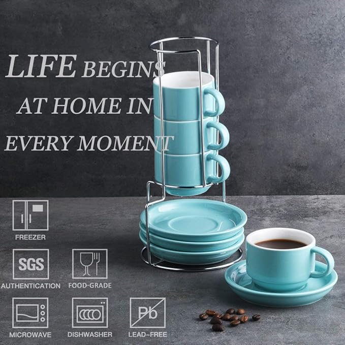 Sweejar Porcelain Espresso Cups with Saucers, 4 Ounce Stackable Cappuccino Cups with Metal Stand for Coffee Drinks, Latte, Tea - Set of 4 (Turquoise)