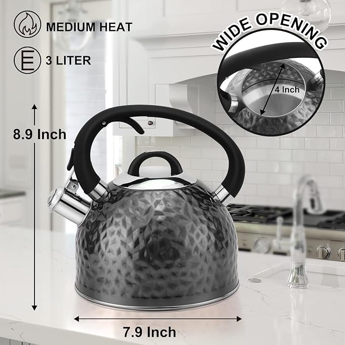 Copper Tea Kettle Stainless Steel Teapot Whistling Kettle Unique Button Control Kettle Outlet Loud Whistle Food Grade Teapot 3.2 Quart / 3 Liter Black