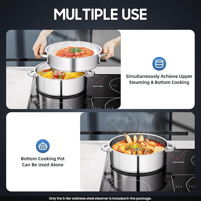 5 Tier Layer Stainless Steel Steamer Pot, 304 Food Grade Steel Multipurpose Steam Cookware Steaming Pot with Stackable Pan and Lid for Cooking Corn,Dumpling,Fish (Silver, 5 Tier - 28cm)