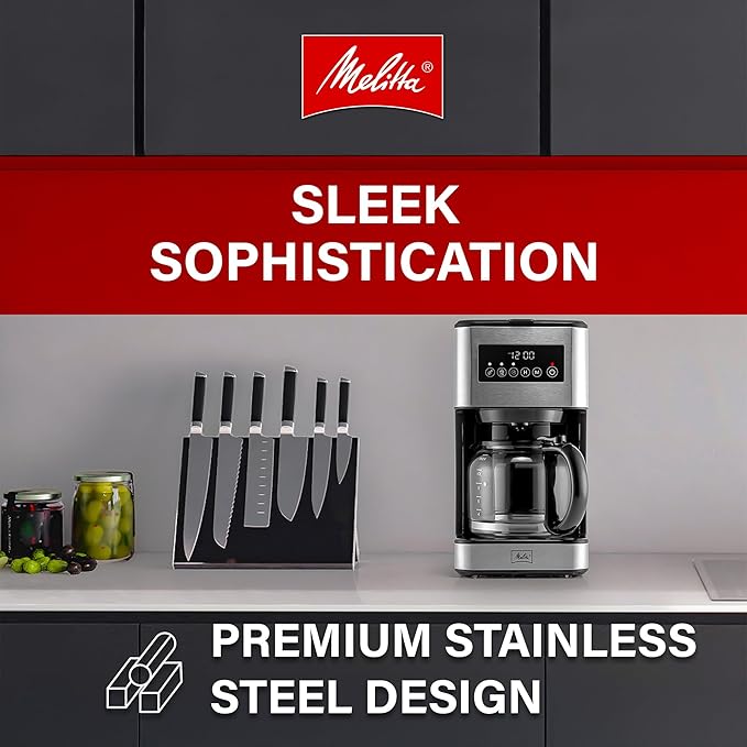 Melitta Aroma Series Programmable Drip Coffee Makers Parent (Aroma Tocco Plus Black and Stainless Steel 12 Cups) with 5-Pack Coffee Filters
