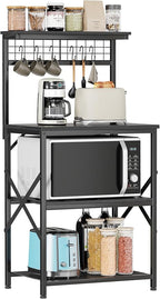 Furologee Kitchen Bakers Rack with Hutch, Coffee Bar Station 4 Tiers, Microwave Oven Stand with 6 S Hooks and Pegboard, Kitchen Microwave Rack for Spice Organizer Workstation, Black