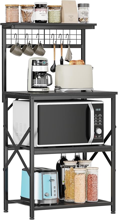 Furologee Kitchen Bakers Rack with Hutch, Coffee Bar Station 4 Tiers, Microwave Oven Stand with 6 S Hooks and Pegboard, Kitchen Microwave Rack for Spice Organizer Workstation, Black