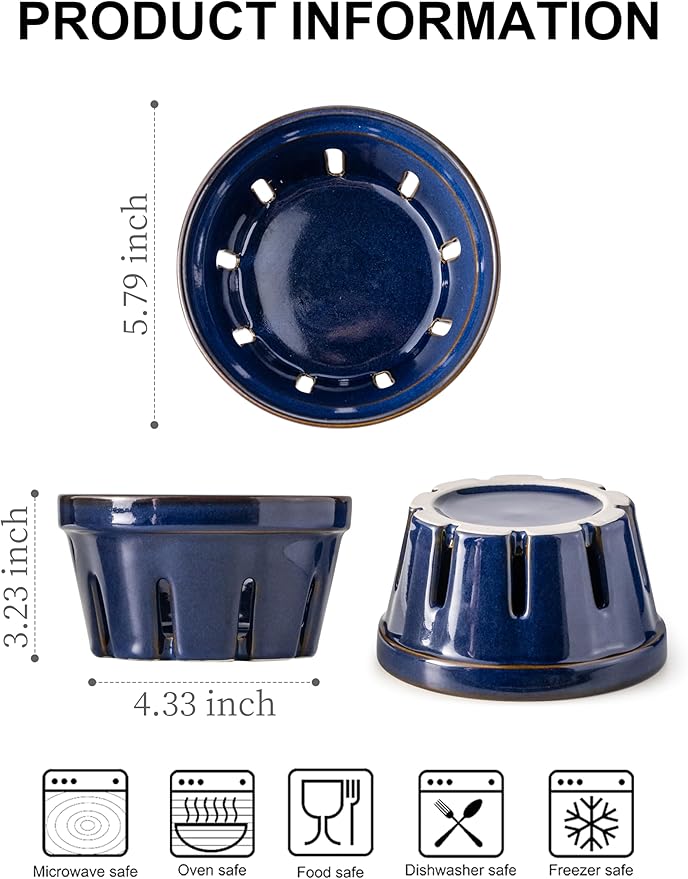 Gomakren Fruit Bowl with Holes, Ceramic Berry Basket Set of 2, 5.8 Inch Round Fruit Storage Containers, Strawberry Baskets, Farmhouse Kitchen Decor - Cobalt Blue