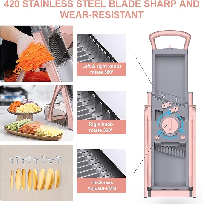 2025 [All in 1] Upgraded Version Safe Mandoline Slicer for Kitchen, Adjustable Thickness. Veggie Slicer, Rapid Prep Mandoline, Detachable Blade, with Cleaning Brush/Paring Knife (GrayPink)