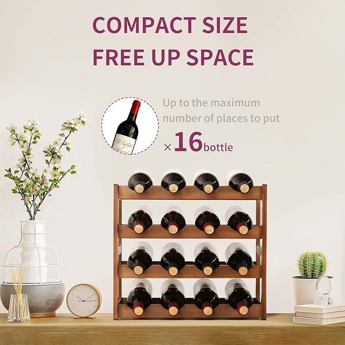 Wine Rack Storage,Bamboo Wine Racks Cabinet Shelf,4-Tier 16 Bottles Freestanding Wine Bottle Holder for Basement,Kitchen,Countertop