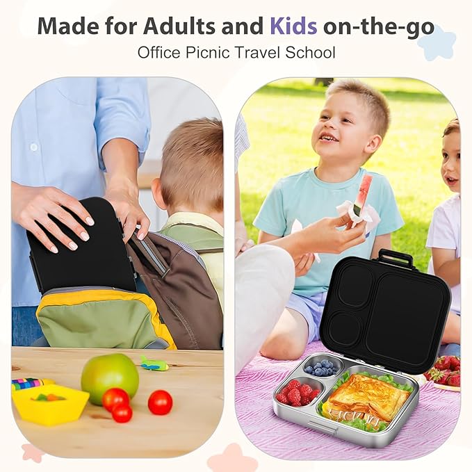 Stainless Steel Bento Box Kids, Leak Proof Metal Bento Lunch Box,3 Compartments 304 Stainless Steel Bento Lunch Containers for School and Office,Dishwasher Safe, BPA-Free(Black)