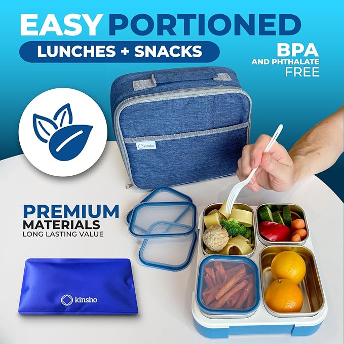 Stainless Steel Bento Lunch Box Set for Adults, Kids - Insulated Bag and Ice Pack - Leak-Proof Metal Compartment Meal Prep Food & Snack Containers for Work Travel School Daycare, 36 oz Navy Blue