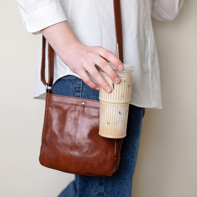 All Glass Iced Coffee Cup with Lid and Straw, Ribbed Glass Tumbler Set of 2 (18 oz)