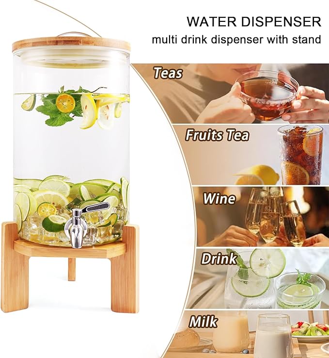Beverage Dispenser,2.1 Gallon Glass Drink Dispenser with Stand,Glass water dispenser with Spigot, Large Drink Dispensers for Parties,Water Dispensers for Bar,Wedding,Restaurants 8L