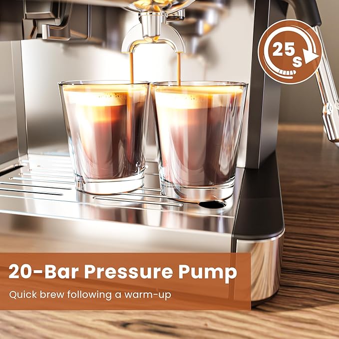 WAA Espresso Machine 20 Bar, Stainless Steel Expresso Coffee Machines with Grinder, Latte & Cappuccino Machine with Milk Frother Steam Wand for Home