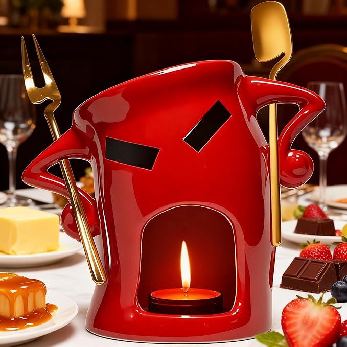 Ceramic Fondue Cup Set w/Built-In Fork & Spoon - Mini Chocolate/Cheese Fondue Mug | Microwave & Dishwasher Safe | Compact Gift-Ready (Red)